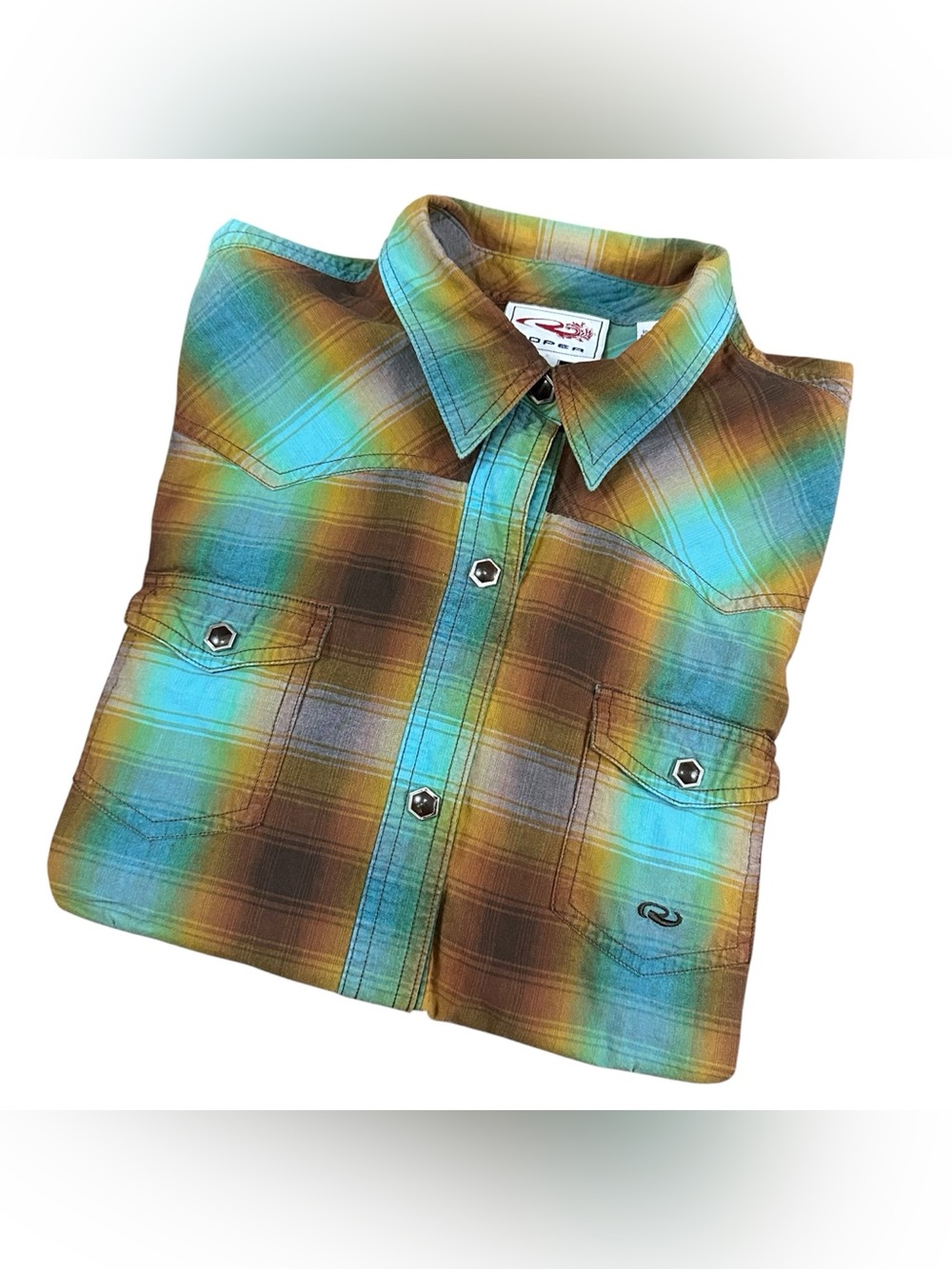 Roper Boys Youth XL Plaid Western Pearl Snap Shirt Turquoise Brown Cowboy